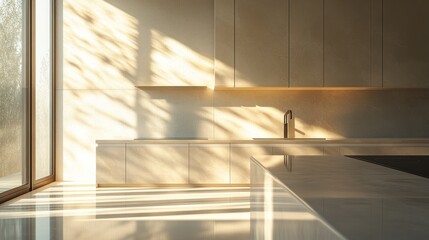 Obraz premium Sunlight casts soft shadows in a modern kitchen with minimalist design and sleek surfaces. Generative AI