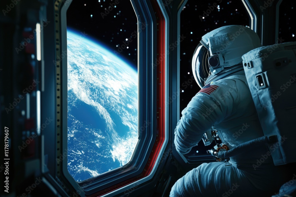 Poster astronaut in space suit looking outside the spacecraft window with a stunning celestial view