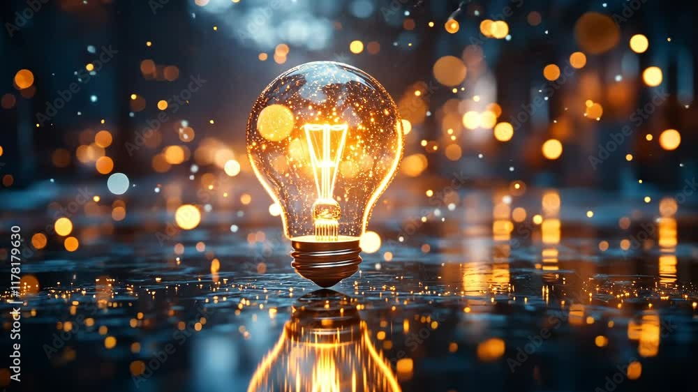 Poster bright light bulb shines in the dark reflecting shimmering bokeh lights in a tranquil setting at dus