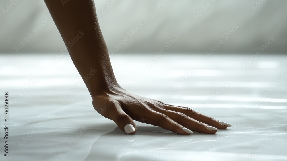 Poster hand resting on a smooth surface in a softly lit indoor space during daytime. generative ai