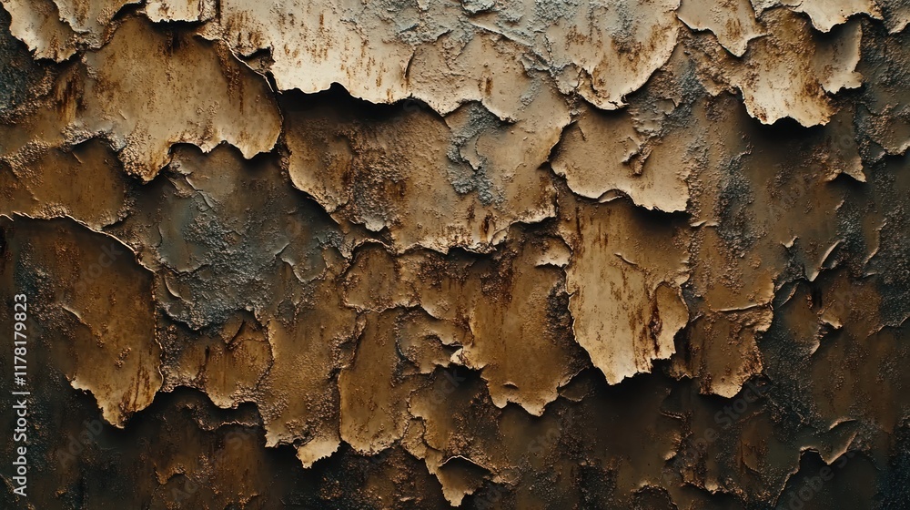 Poster textured surface of peeling paint in earthy tones displaying intricate patterns and layers. generati