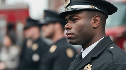 Obraz premium Police officer standing vigilantly during city event urban setting photo close-up view community safety