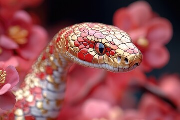 Obraz premium A close-up view of a snake's head with vibrant flowers surrounding it