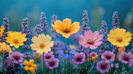 A sunny day with blooming flowers and clear blue sky, suitable for a variety of uses