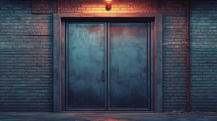 Industrial entrance with metallic door illuminated by warm light in urban setting at night. Generative AI