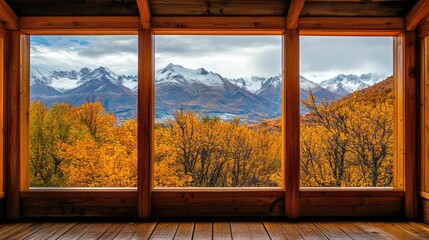 A large wooden window revealing the beauty of autumn leaves and snowy mountain peaks in the distance.