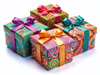 Three Elegant Gift Boxes with Unique Patterns, Isolated on White Background - Perfect for Holiday or Birthday Presents