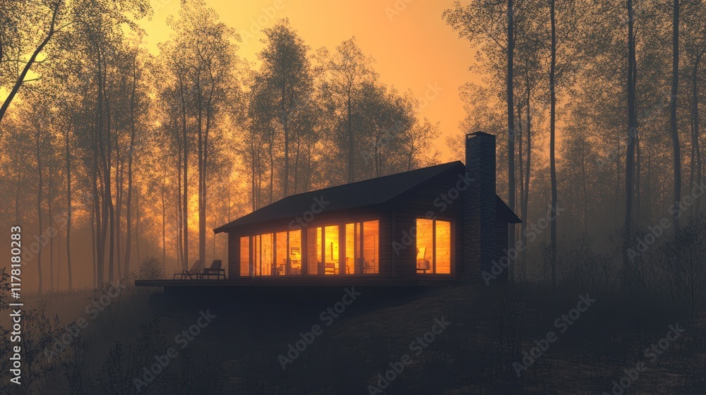 Poster warm glow of a cabin in the woods at sunset with soft fog enveloping the trees. generative ai