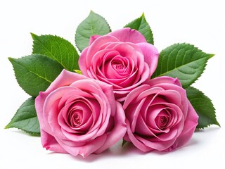 Three Pink Roses with Green Leaves on White Background - Elegant Floral Stock Photo