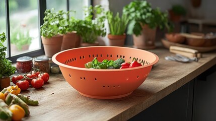 A lightweight plastic colander with a vibrant orange finish, placed on a rustic kitchen counter.