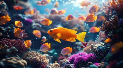 Fototapeta premium Colorful tropical fish swimming among vibrant coral reefs in a clear ocean environment. Generative AI