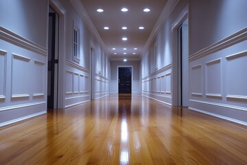 A long hallway with wood floors and white walls, ideal for office or home use