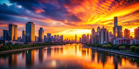 Obraz premium Tilt-Shift Cityscape Sunset: Dramatic Skyline & River Reflections
