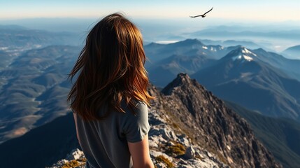 Naklejka premium Young Woman Admiring Majestic Mountain Range at Sunrise with Soaring Eagle