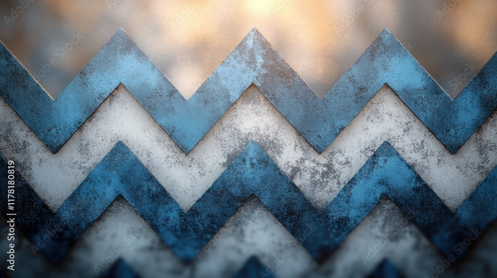 Poster abstract design featuring blue and white zigzag patterns against a warm background in a dynamic arra