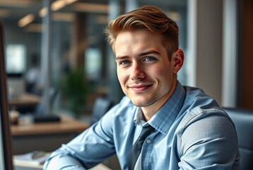 Obraz premium Confident Young Businessman Smiling at Desk in Modern Office Environment
