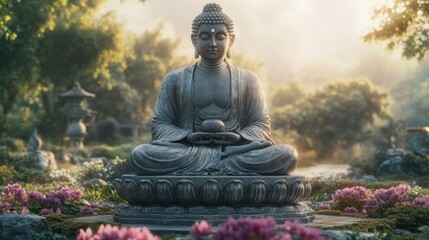 Buddha statue surrounded by lush flowers in a tranquil garden during early morning light. Generative AI