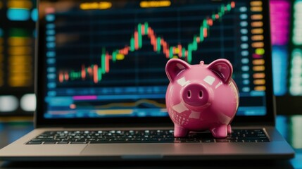 Pink Piggy Bank on Laptop with Stock Market Trends