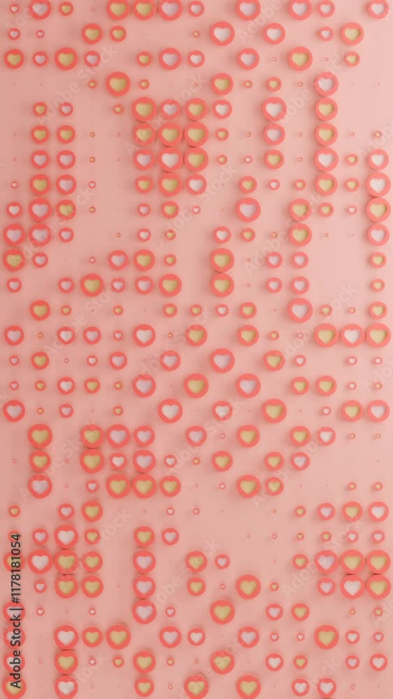 Poster vertical 3d animation of a lot of valentines, discs with the image of a heart. objects on a pink bac