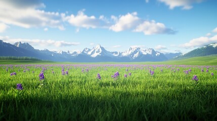 Obraz premium Scenic landscape with mountains and purple flowers under a blue sky.