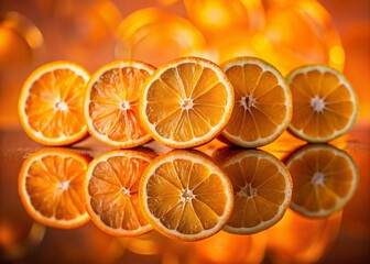 Tilt-Shift Photography: Juicy Orange Slices on Vibrant Orange Background - Stock Photo