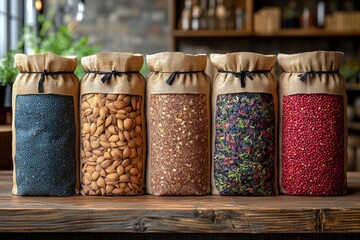 Fototapeta premium A collection of five glass jars filled with various dried ingredients, each covered with a burlap sack and twine. The jars sit on a rustic wooden surface, creating a warm and inviting display