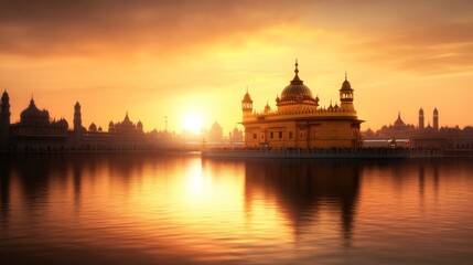 Fototapeta premium Majestic golden temple reflection amritsar scenic photography serene waters sunset view spiritual beauty