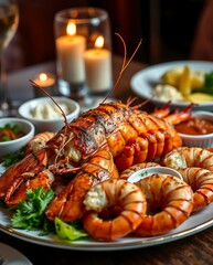 Elegant Seafood Platter Featuring Grilled Lobster and Shrimp with Garlic Butter and Fresh Herbs