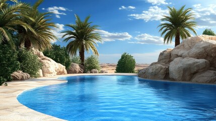 Serene poolside scene with palms and rocky landscape.