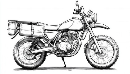 A rugged adventure motorcycle sketch ideal for travel blogs or outdoor gear websites.  Captures the spirit of exploration on two wheels.