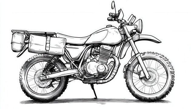 A rugged adventure motorcycle sketch ideal for travel blogs or outdoor gear websites.  Captures the spirit of exploration on two wheels.