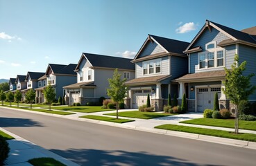 Obraz premium Suburban houses stand in row. Neat lawns, landscaping surround modern homes. Perfect neighborhood setting in North America during summer. Blue, light gray facades blend with green. Porches, garages