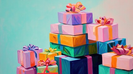 Colorful gift boxes stacked high, vibrant illustration.