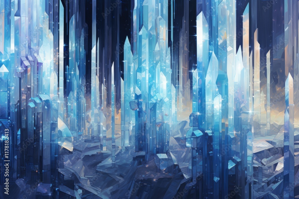 Poster an intricate pattern of shimmering crystal formations rises majestically in a mystical underground c