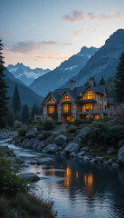 Fototapeta premium house lake in the mountains