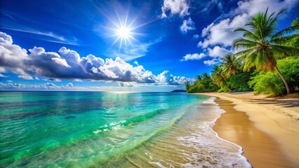 Tranquil Beachscape: Azure Waters, Sun-Kissed Shore, Gentle Waves - Serenity Photography
