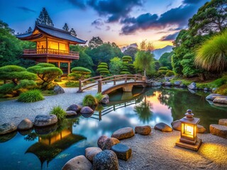 Fototapeta premium Tranquil Japanese Zen Garden: Long Exposure Photography of Raked Gravel, Koi Pond, Bamboo, and Tea House