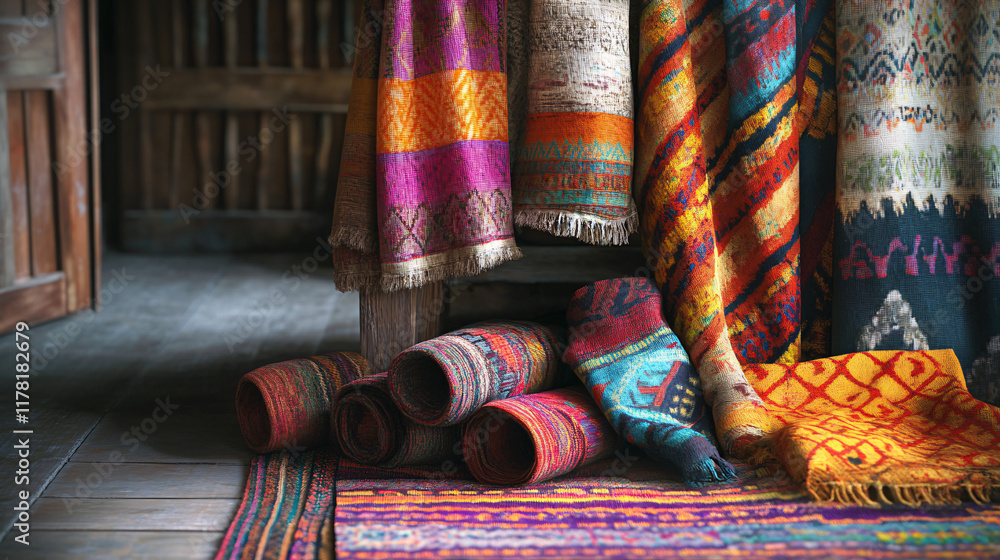 Poster a colorful array of handmade textiles, draped gracefully over a rustic table, showcasing different p