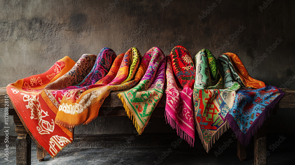 Aufkleber a colorful array of handmade textiles, draped gracefully over a rustic table, showcasing different p