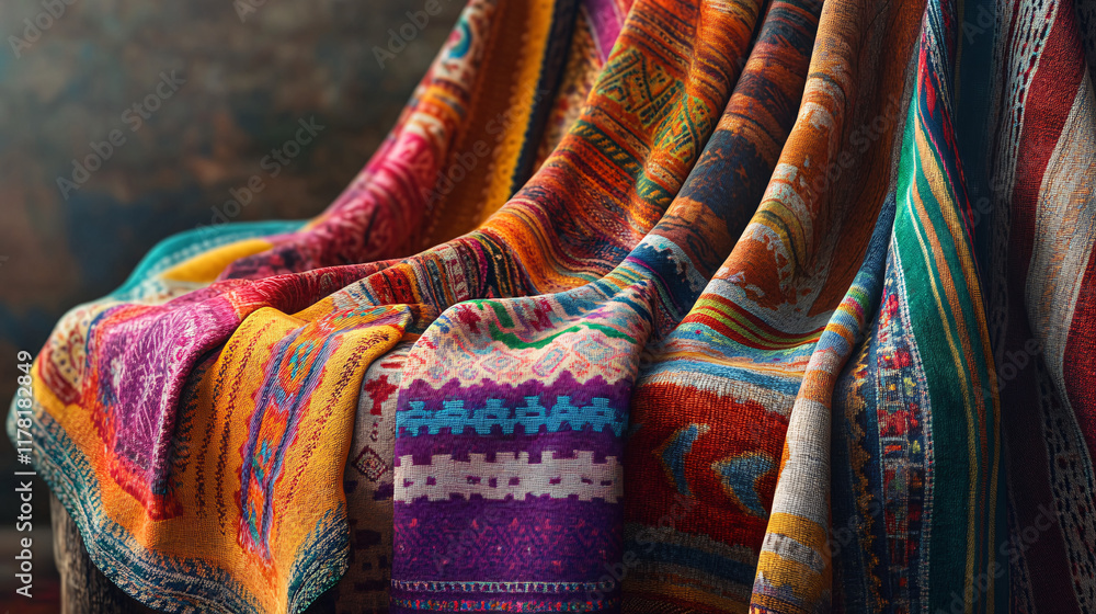 Aufkleber a colorful array of handmade textiles, draped gracefully over a rustic table, showcasing different p