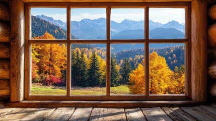 A picturesque autumn landscape seen through a large wooden-framed window in a rustic cabin.
