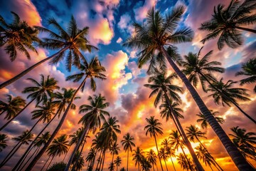 Tropical Paradise: Long Exposure Upward View of Coconut Palms Against a Dramatic Sky