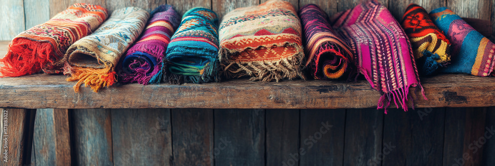 Poster a colorful array of handmade textiles, draped gracefully over a rustic table, showcasing different p