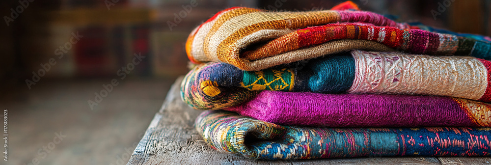 Poster a colorful array of handmade textiles, draped gracefully over a rustic table, showcasing different p