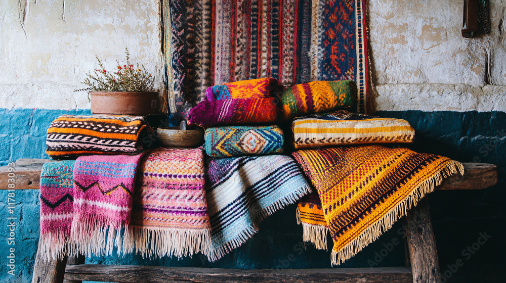 Poster a colorful array of handmade textiles, draped gracefully over a rustic table, showcasing different p