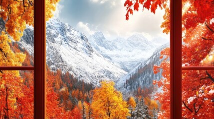 A picturesque autumn scene of red and yellow trees and snow-covered mountains framed by a large window.