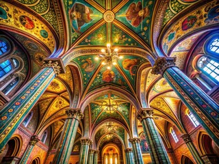 Obraz premium High-resolution portrait photography captures the intricate ceiling design of Prague's VyÅ¡ehrad Basilica, Saint Peter and Paul Church, a decorative architectural marvel.