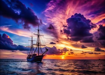 Fototapeta premium Twilight Seascape: Ship Mast Silhouette Against Dramatic Sky