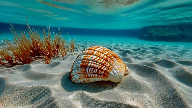 Solitary clam nestled in the sandy seabed, its shell gleaming softly in the underwater light, Ai Generated.
