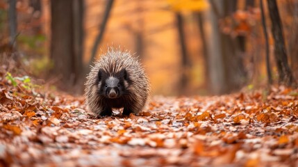 Fototapeta premium A porcupine walking cautiously along a woodland path covered in fallen leaves.